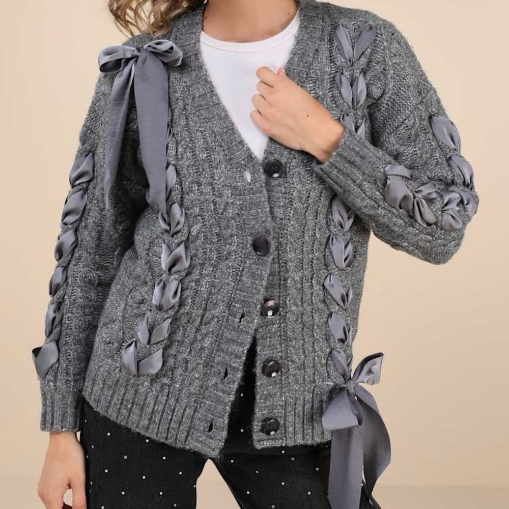 Moon River Hesper Heather Grey Cable Knit Lace-Up Cardigan Sweater